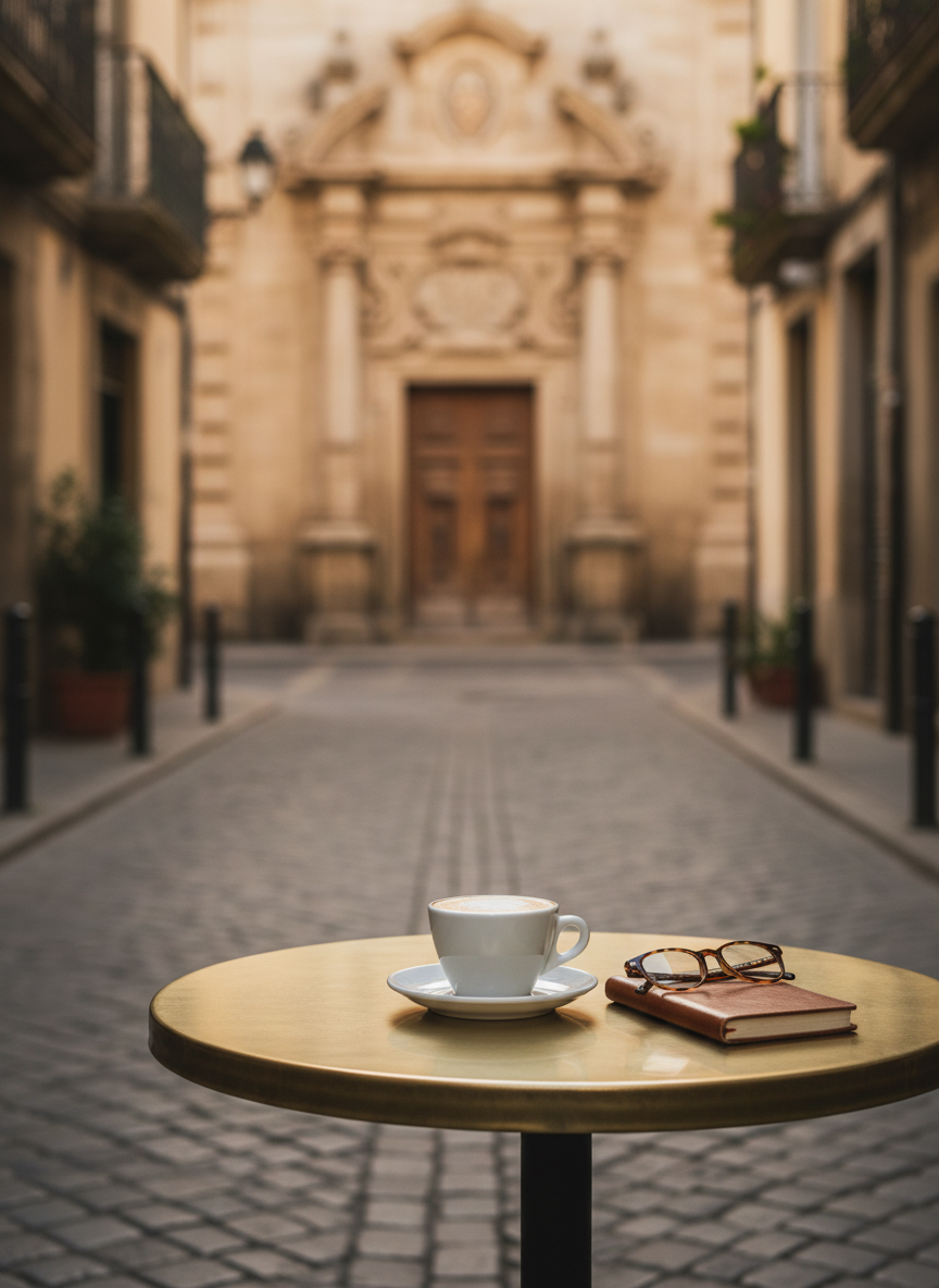 A serene morning scene on a narrow, sunlit European cobblestone street: an ornate stone church façade with a simple wooden door in the background, softly out of focus, while in the sharp foreground sits a minimalist round café table in brushed brass. On the table, a cappuccino in a thin-walled white porcelain cup, a small leather-bound journal, and a pair of tortoiseshell reading glasses are arranged precisely. Golden hour sunlight washes the scene, creating warm reflections on metal surfaces and a romantic glow on the cobblestones. Photographic realism, shot from a slightly elevated angle with a shallow depth of field, producing dreamy bokeh from distant street details and conveying a sophisticated, contemplative way of living faith in the everyday city rhythm.