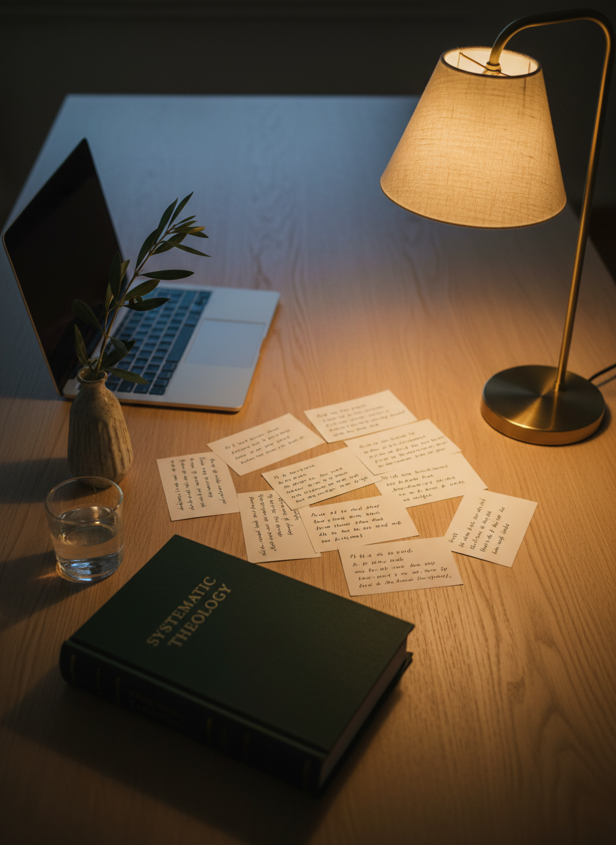 A carefully composed desk vignette illustrating theological study: a smooth, pale oak tabletop holds a spread of cream-colored notecards filled with handwritten theological quotes, a slim silver laptop partially closed, and a dark green linen-covered theology volume with gold-stamped lettering. A simple brass desk lamp with a linen shade casts warm, focused light from the right, creating a pool of illumination while the rest of the space gently falls into shadow. A small crystal glass of still water and a single olive branch in a narrow ceramic vase add organic simplicity. Photographic realism, shot from a three-quarter overhead angle with moderate depth of field, producing a calm, studious, yet stylish atmosphere that merges intellectual pursuit with a refined aesthetic.