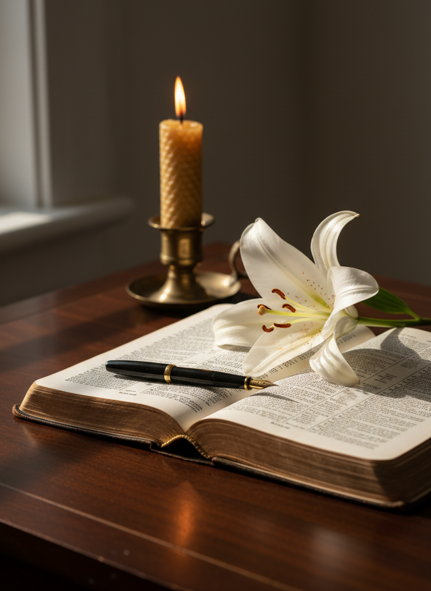 A meticulously arranged still life on a dark walnut writing desk: an open, gilded-edged leather Bible with delicately textured pages, a slim black fountain pen resting across the margin, and a single white lily lying diagonally over the text. Behind them, a tall beeswax candle in a brass holder burns low, its flame reflecting softly on the polished wood. Late afternoon light filters through an unseen window, casting long, contemplative shadows and a gentle golden glow. Photographic realism with a sophisticated, minimalist aesthetic, shot at eye level with a shallow depth of field so the Scripture text is crisply in focus while the background falls into a velvety blur, evoking quiet reflection and the search for meaning.