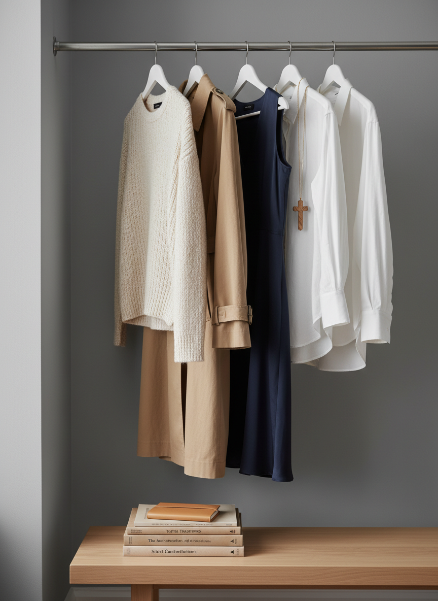 Inside a tastefully styled wardrobe corner, a single rail of clothing hangs against a matte dove-gray wall: a sequence of timeless garments in cream, soft camel, and deep navy, all in natural fibers with visible textures—wool, cotton, silk. At the center of the rail, a simple wooden cross pendant hangs from a fine gold chain over a structured white blouse. Below, on a pale oak bench, a stack of art and theology books in muted covers is topped by a slim, minimalist leather journal. Soft, indirect daylight from a nearby window bathes the scene in a calm, even glow. Photographic realism with an editorial, high-end fashion look, eye-level composition, sharp focus throughout, evoking quiet elegance and intentional living.