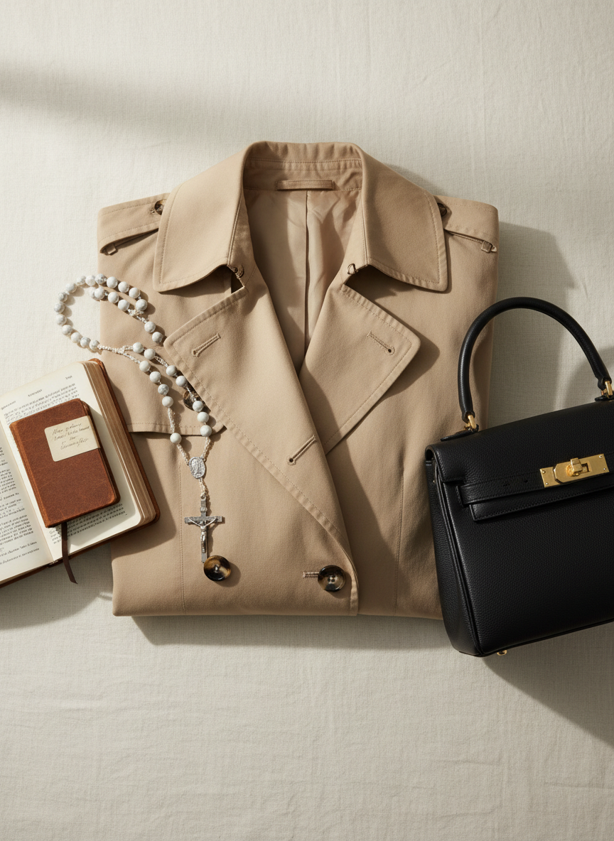 A curated flat lay on an ivory linen backdrop featuring a neatly folded, tailored beige trench coat, a structured black leather handbag with gold hardware, and a delicate rosary made of white marble-like beads arranged elegantly across the coat’s lapel. Beside them, a small, well-worn prayer book with a soft, brown leather cover lies slightly open. Soft, diffused natural daylight from the left creates gentle gradients on the fabrics and subtle highlights on the leather and metal, with faint, graceful shadows. Photographic realism with a clean, editorial fashion aesthetic, composed using the rule of thirds, emphasizing harmony between faith, style, and a refined Catholic lifestyle.